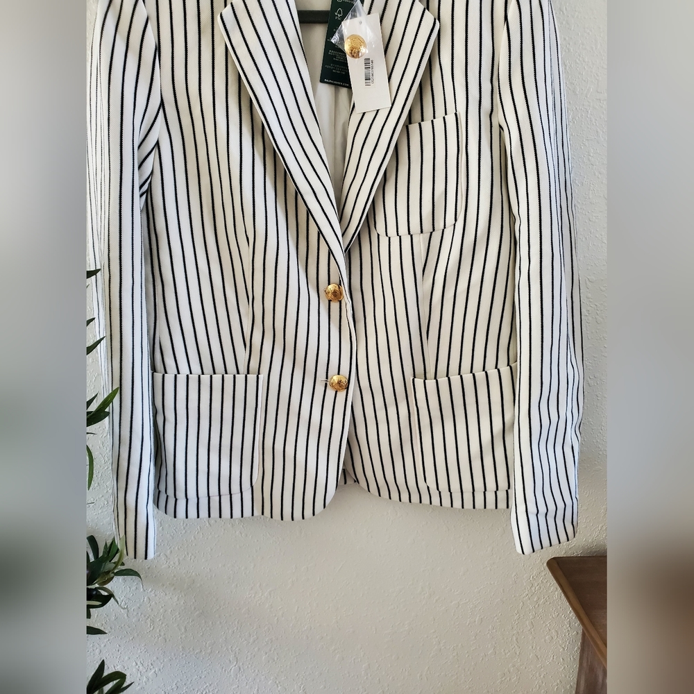 Ralph Lauren Women blazer suit jacket jacket cream Striped pockets gold 10 $175 - Picture 6 of 9